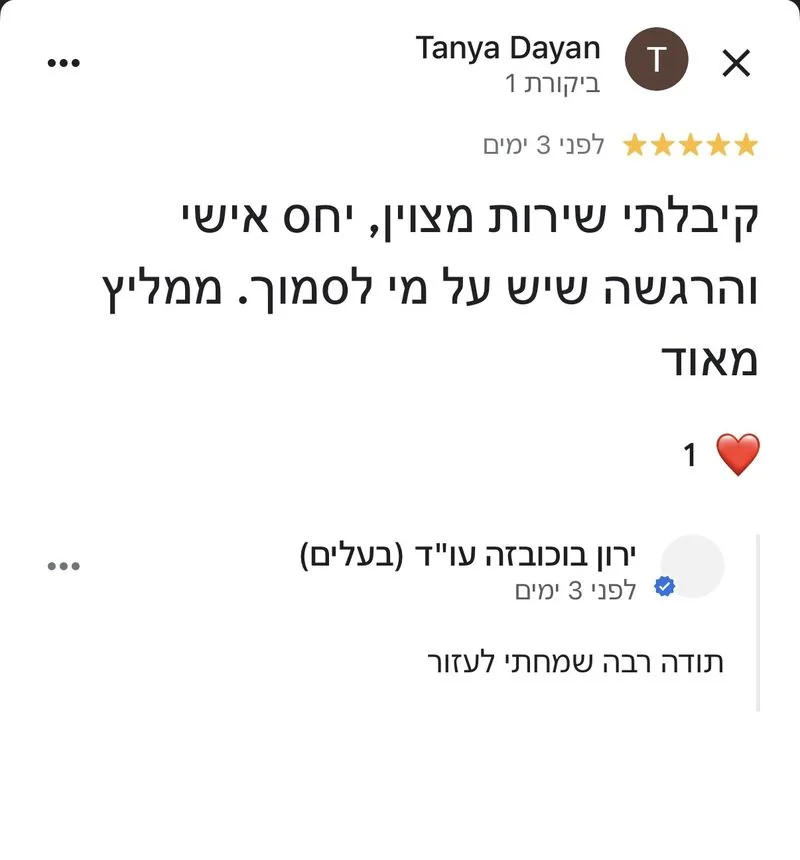 ביקורת אמיתית מ-Google על עו''ד ירון בוכובזה